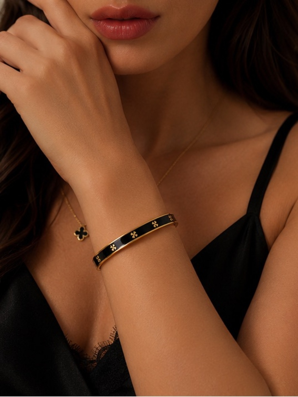 Black Enamel Gold Bangle with Delicate Floral Motifs Elegant Minimalist Bracelet